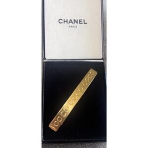 Authentic Chanel COCO Logo Gold Tone Hair Barrette Clip France w/ Box